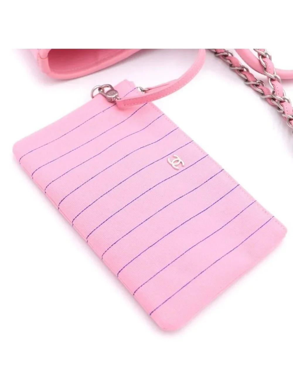 Chanel Deauville GM Canvas Leather Silver 2-Way Chain Tote Plate Pink
